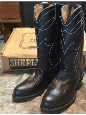 Sheplers Black Leather Western Cowboy Boots Size 7.5 D With Box USA-Made Durable